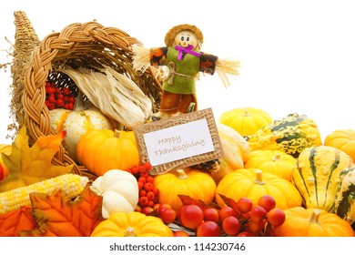 Happy Thanksgiving Card And Scarecrow Among A Cornucopia Of Autumn Vegetables