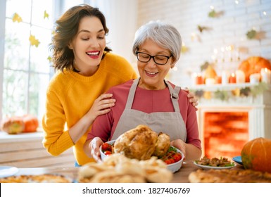 Happy Thanksgiving Day! Autumn Feast. Family Preparing Traditional Dinner.