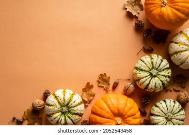 Happy Thanksgiving day postcard design. Flat lay pumpkins, dry oak leaves, acorns, cones  on orange background. Autumn, fall concept.