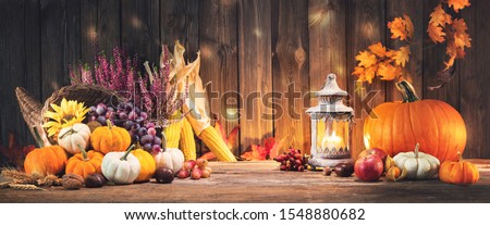 Happy Thanksgiving. Decorative cornucopia with pumpkins, squash, fruits and falling leaves on rustic wooden table