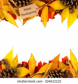 Happy Thanksgiving Gift Tag With Double Border Of Colorful Leaves And Pine Cones Isolated On White