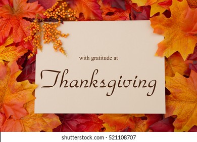 Happy Thanksgiving Message, Autumn Leaves With A Beige Greeting Card With Text With Gratitude At Thanksgiving