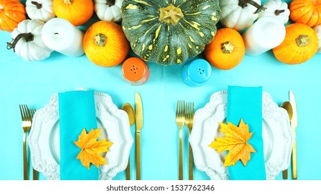 Happy Thanksgiving Setting Modern Elegant Blue Orange And White Themed Table With Pumpkins Centerpiece Overhead Flat Lay.