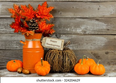 Happy Thanksgiving Tag, Pumpkins And Autumn Home Decor With Rustic Wood Background