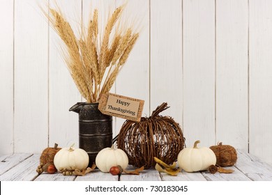 Happy Thanksgiving Tag, Pumpkins And Autumn Home Decor With A White Wood Background