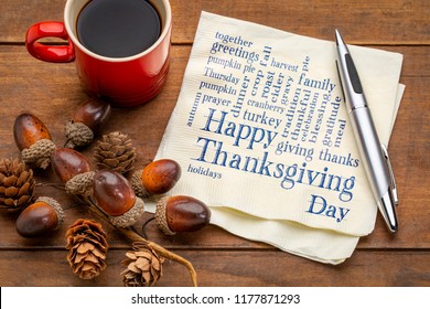 Happy Thanksgiving Word Cloud - Handwriting On A Napkin With A Cup Of Coffee And Fall Decoration