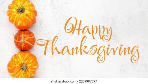 Happy Thanskgiving Text Flat Lay With Yellow And Orange Pumpkins Template.Copyspace Banner