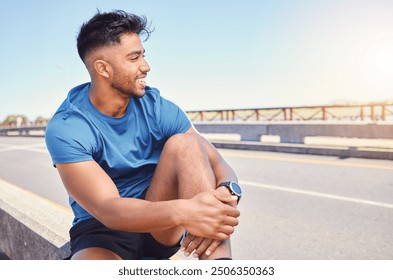 Happy, thinking and fitness of man on road with rest and break from workout and runner training. Smile, sport and urban bridge with athlete in the morning with gratitude from health and wellness - Powered by Shutterstock