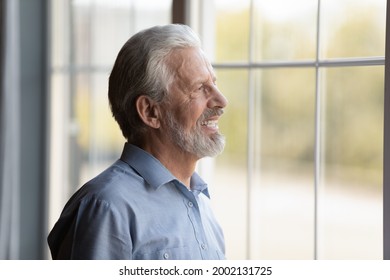 Happy Thoughtful Older 70s Man Looking Out Of Window Away With Hope, Thinking Of Good Health, Retirement, Insurance Benefits, Dreaming Of Future. Elderly Pensioner Waiting Meeting With Family