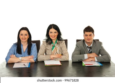 Happy Three People Sitting On Chairs In A Row And Waiting For Interview Isolated On White Background