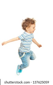 Happy Toddler Boy Jumping Isolated  On White Background