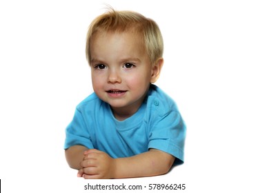 Happy Toddler Boy Smiling Isolated Over White Background, Emotional Child Portrait, Closeup Indoor