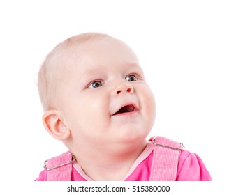 Happy Toddler Girl Looking Up Surprised Isolated On White