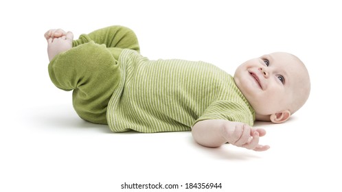 Happy Toddler Isolated On White Background. Green Clothing