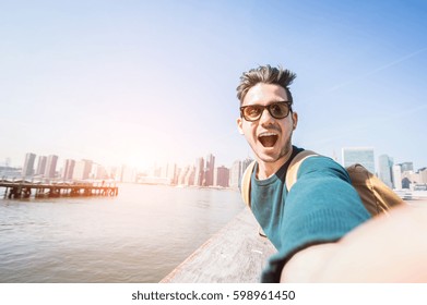 Happy Tourist Caucasian Man Having Fun Taking A Selfie At New York City