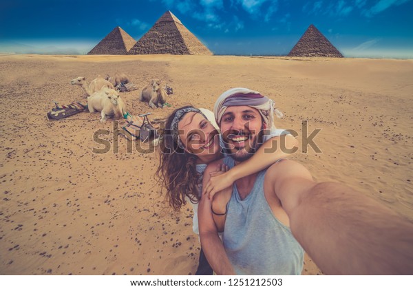 Happy Tourist Couple On Camel Giza Stock Photo (Edit Now) 1251212503