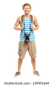 Happy Tourist Holding Passport Retro Camera Isolated On White