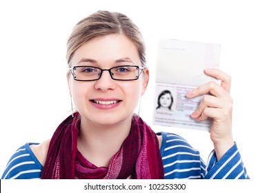 Happy tourist traveller woman showing passport, isolated on white background.