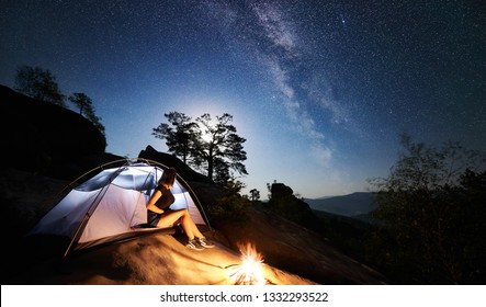 Happy Couple Nature Camping Canyon Sitting Stock Photo 2014975826 ...