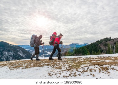 Happy tourists hiking in winter mountains