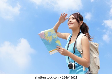 Happy Travel Woman Look Map And Look Copy Space With Sky Background, Asian