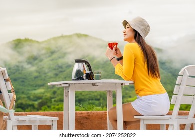 Happy Traveler Asian Woman Drink Coffee Joy Nature View Scenic Foggy Landscape Mountain, Attraction Rural Place Tourist Travel Ratchaburi Thailand Holiday Vacation, Tourism Beautiful Destination Asia