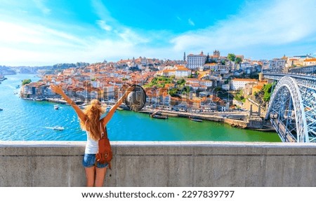 Happy traveler woman in Porto- Cityscape panoramic view of Porto- Portugal