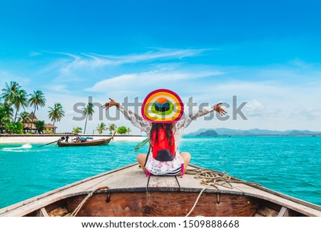 Happy traveler woman relaxing on boat Joy fun scenic tropical beach Mook island, Attraction place tourist travel Phuket Trang Thailand summer holiday vacation trips, Tourism beautiful destination Asia