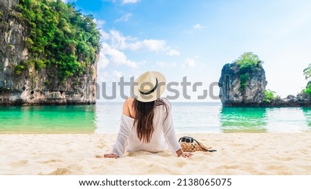Happy traveler woman relaxing on vacation beach joy nature view scenic landscape Hong island Krabi, Attraction famous place tourist travel Phuket Thailand summer holiday, Beautiful destination Asia Foto d'archivio © 