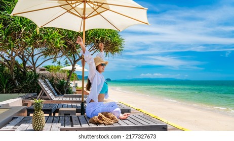 Happy Traveler Woman Relaxing Under Umbrella Joy Fun Nature View Scenic Landscape Beach, Leisure Time Tourist Travel Phuket Thailand Summer Holiday Vacation, Tourism Beautiful Destination Place Asia