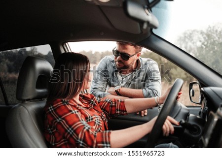 Happy Traveling Couple Together Enjoying Road Trip, Vacation Concept, Holidays Outside the City