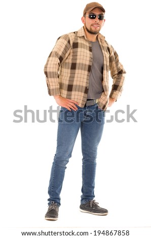 happy trucker man with flannel shirt and cap