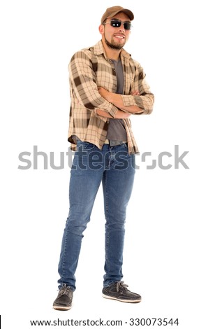 happy trucker man with flannel shirt and cap