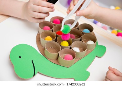 Happy Turtle. Sorting Game For Toddlers. Fill Cells With Pompoms. Early Education, Learning Colors And Counting. Montessori Thematic Implement For Preschool And Special Needs School