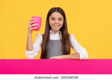 Happy Tween Girl Hold Plastic Cup With Beverage And Advertising Board For Copy Space, Drink