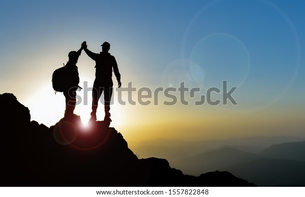 Happy Two Climbers Achievements On Peak Stock Photo 1557822848 