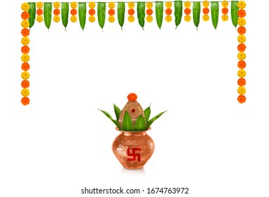happy ugadi Greeting card with Kalash and mango leaf Jaggery mango bannana lamp for Indian New Year festival Ugadi Gudi Padwa, Yugadi and mango leaf and marigold flower garland thoranam