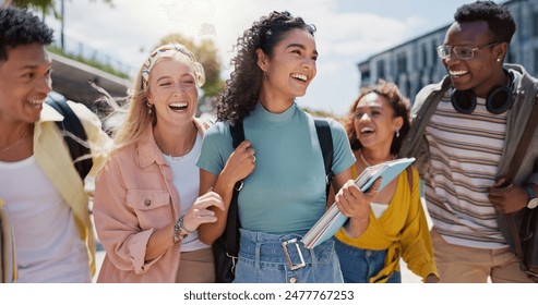 Happy, university and laughing with friends and class diversity on college campus with smile. School, education and students with funny joke and backpack outdoor at learning academy with people - Powered by Shutterstock