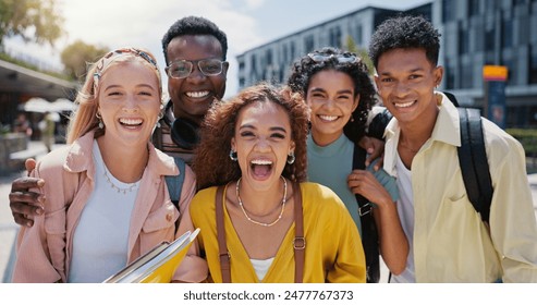 Happy, university and portrait with friends and class diversity on college campus with smile. School, education and students with support and backpack outdoor at learning academy with solidarity - Powered by Shutterstock