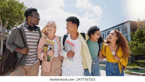 Happy, university and talking with friends and class diversity on college campus with smile. School, education and students with funny joke and backpack outdoor at learning academy with solidarity - Powered by Shutterstock