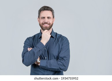 Happy Unshaven Man Smile With Healthy Teeth In Business Casual Style Grey Background, Dentistry, Copy Space.