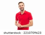 happy unshaven man with stubble in red shirt. stubble man wearing red shirt. studio shot of man