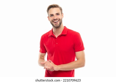 Happy Unshaven Man With Stubble In Red Shirt. Stubble Man Wearing Red Shirt. Studio Shot Of Man