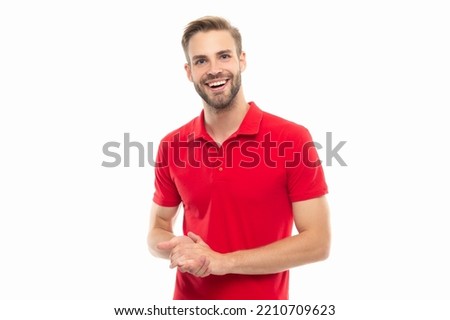 happy unshaven man with stubble in red shirt. stubble man wearing red shirt. studio shot of man