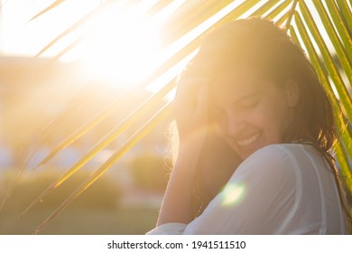 Happy Vacation Woman On Beach Summer Holiday In Cheerful Bliss Enjoying The Sunshine. Beautiful Girl