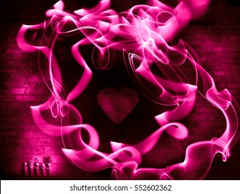 Happy Valentine Day card background - strong current  and electric power of positive emotions -  pink heart on rustic wall with abstract smoking light painting mystery lines - from plugged in sockets - Powered by Shutterstock