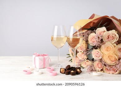 Happy Valentine Day Composition On White Wooden Table