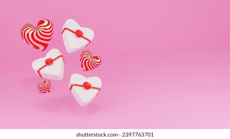 Happy Valentine's Day Banner Greeting Card Big Heart Shape and Gift Box 3D Rendering. Space for text.