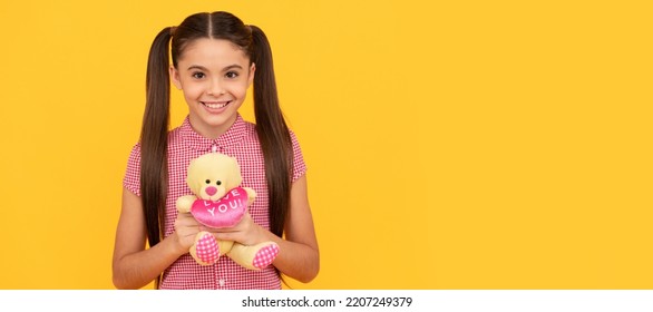 Happy Valentines Day. Be My Valentine. Cheerful Kid Hold Bear Toy. Toy Shop Concept. Banner Of Child Girl With Toy, Studio Portrait, Header With Copy Space.