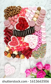 Happy Valentine's Day Flat Lay Overhead Candy And Cookies Dessert Charcuterie Grazing Platter.